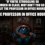 The Professor at office hours | “IF YOU’RE STRUGGLING SO MUCH IN CLASS, WHY DON’T YOU GO VISIT THE PROFESSOR IN OFFICE HOURS?”; THE PROFESSOR IN OFFICE HOURS: | image tagged in the professor at office hours,the professor,puppet history,college,school,higher education | made w/ Imgflip meme maker