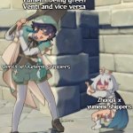 GET REKT YUMEMI X ZHONGLI SHIPPERS! | Yumemi being green Venti and vice versa; Venti x Yumemi shippers; Zhongli x yumemi shippers | image tagged in bard,genshin impact,animeme,shipping,touhou | made w/ Imgflip meme maker