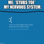 Especially if it's your pinky toe | ME: *STUBS TOE*; MY NERVOUS SYSTEM: | image tagged in blue screen of death,pain,nervous,system | made w/ Imgflip meme maker