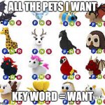 All the pets i WANT | ALL THE PETS I WANT; KEY WORD = WANT | image tagged in adopt me pets | made w/ Imgflip meme maker