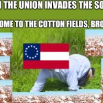 Welcome to the Cotton fields, brother. | WHEN THE UNION INVADES THE SOUTH. WELCOME TO THE COTTON FIELDS, BROTHER | image tagged in welcome to the rice fields | made w/ Imgflip meme maker