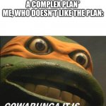 Y E E T | MY FRIEND: *MAKES A COMPLEX PLAN*
ME, WHO DOESN'T LIKE THE PLAN: | image tagged in cowabunga it is | made w/ Imgflip meme maker