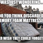 Why did Scott Pruitt want a old mattress from the Trump Hotel?   | I WAS JUST WONDERING . . . DO YOU THINK DISCARDED MEMORY FOAM MATTRESSES; MEMEs by Dan Campbell; EVER WISH THEY COULD FORGET . . ? | image tagged in why did scott pruitt want a old mattress from the trump hotel | made w/ Imgflip meme maker