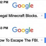 Google, 11 Minutes Later | Illegal Minecraft Blocks. How To Escape The FBI. | image tagged in google 11 minutes later | made w/ Imgflip meme maker