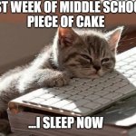 Back to school | FIRST WEEK OF MIDDLE SCHOOL...
PIECE OF CAKE; ...I SLEEP NOW | image tagged in too tired | made w/ Imgflip meme maker