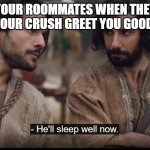 The Chosen | YOUR ROOMMATES WHEN THEY HEAR YOUR CRUSH GREET YOU GOODNIGHT | image tagged in the chosen | made w/ Imgflip meme maker