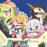 my bills | taxes; rent; netflix subscription; hulu subscription; me | image tagged in dragon maid cast looking down at little kobayashi | made w/ Imgflip meme maker