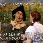wizard of oz scarecrow | I DON'T KNOW ANYTHING, BUT LET ME TELL YOU 
WHAT YOU SHOULD DO. | image tagged in wizard of oz scarecrow | made w/ Imgflip meme maker