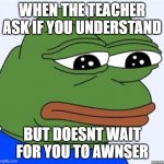 sad frog | WHEN THE TEACHER ASK IF YOU UNDERSTAND BUT DOESNT WAIT FOR YOU TO AWNSER | image tagged in sad frog | made w/ Imgflip meme maker