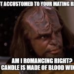I think the Gagh bouquet was a nice gesture. | I AM NOT ACCUSTOMED TO YOUR MATING RITUALS... AM I ROMANCING RIGHT?
THE CANDLE IS MADE OF BLOOD WINE JELLO. | image tagged in romantic worf,bloodwine in everything,mating rituals,am i romancing right | made w/ Imgflip meme maker