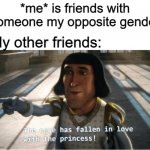 REMAKE | *me* is friends with someone my opposite gender; My other friends: | image tagged in the ogre has fallen in love with the princess,friends,annoying | made w/ Imgflip meme maker