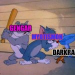 Tom and Jerry 3 way brawl | GENGAR; MYOTISMON; DARKRAI | image tagged in tom and jerry 3 way brawl | made w/ Imgflip meme maker
