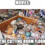 The cutting room floor | MOVIES:; THE CUTTING ROOM FLOOR | image tagged in hoarder house,movies | made w/ Imgflip meme maker