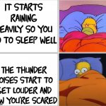 Homer Simpson sleeping | It starts raining heavily so you go to sleep well; The thunder noises start to get louder and now you're scared | image tagged in homer simpson sleeping,memes,sleeping,thunder | made w/ Imgflip meme maker