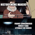 Look I've been around the world | HISTORY MEME MAKERS; FRANCE SURRENDERED WHEN IT HAD LITERALLY NO CHOICE | image tagged in look i've been around the world,france,historical meme,history | made w/ Imgflip meme maker