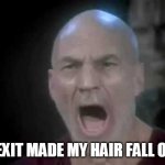 Picard | BREXIT MADE MY HAIR FALL OUT! | image tagged in picard four lights,brexit,picard,star trek,funny,lol | made w/ Imgflip meme maker
