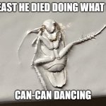 You Can Hear the Song in Your Head....Don't Lie! | WELL, AT LEAST HE DIED DOING WHAT HE LOVED... CAN-CAN DANCING | image tagged in painted roach | made w/ Imgflip meme maker