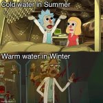 Decoy rick | Cold water in Summer; Warm water in Winter | image tagged in decoy rick | made w/ Imgflip meme maker