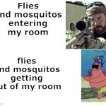 So relatable lol | Flies and mosquitos entering my room flies and mosquitos getting out of my room | image tagged in blank meme template | made w/ Imgflip meme maker