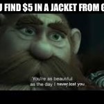 You're as beautiful as the day i lost you | WHEN YOU FIND $5 IN A JACKET FROM GOODWILL; never lost you | image tagged in you're as beautiful as the day i lost you,money,memes,yay,barney will eat all of your delectable biscuits | made w/ Imgflip meme maker
