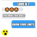 Text Conversation | I LOVE U; LOVE U 2; 😍😍😍; EVEN MORE THEN DOGS? KNOW YOUR LIMITS | image tagged in text conversation | made w/ Imgflip meme maker