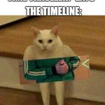 uhgfdbgg | TIME TRAVELER: *EATS*; THE TIMELINE: | image tagged in cursedcat | made w/ Imgflip meme maker