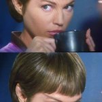 A Debbie Downer | DID YOU HEAR ABOUT THAT TURBO LIFT THAT MAXWELL HOUSED? IT WAS “GOOD ‘TIL THE LAST DROP” | image tagged in t'pol tea,star trek,turbo lift,maxwell house,good to the last drop | made w/ Imgflip meme maker