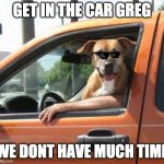109 days left in the yr | GET IN THE CAR GREG; WE DONT HAVE MUCH TIME | image tagged in no time to explain,car,dog,greg | made w/ Imgflip meme maker