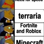 they all top tier except NFS | Need for speed; terraria; Fortnite and Roblox; Minecraft | image tagged in winnie the pooh 4,fortnite,roblox,minecraft,terraria,need for speed | made w/ Imgflip meme maker