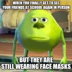Mike wasowski sully face swap | WHEN YOU FINALLY GET TO SEE YOUR FRIENDS AT SCHOOL AGAIN IN PERSON; BUT THEY ARE STILL WEARING FACE MASKS | image tagged in mike wasowski sully face swap | made w/ Imgflip meme maker