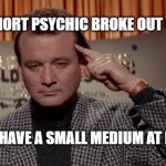 World of the psychic | IF A SHORT PSYCHIC BROKE OUT OF JAIL; MEMEs by Dan Campbell; YOU'D HAVE A SMALL MEDIUM AT LARGE | image tagged in world of the psychic | made w/ Imgflip meme maker