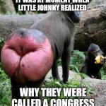 chimps red ass | IT WAS AT MOMENT WHEN LITTLE JOHNNY REALIZED; WHY THEY WERE CALLED A CONGRESS | image tagged in chimps red ass,congress,funny,toilet humor,imgflip | made w/ Imgflip meme maker