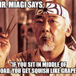 Mr miagi | MR. MIAGI SAYS, "IF YOU SIT IN MIDDLE OF ROAD, YOU GET SQUISH LIKE GRAPE." | image tagged in mr miagi | made w/ Imgflip meme maker