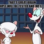 Pinky and The Brain | THAT'S GREAT BRAIN
 THE PEOPLE WILL BE TESTED AND WE'LL BE FREE | image tagged in pinky and the brain | made w/ Imgflip meme maker