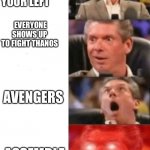 Engame final battle reaction | SAM SAYS ON YOUR LEFT; EVERYONE SHOWS UP TO FIGHT THANOS; AVENGERS; ASSEMBLE | image tagged in keeps getting better,avengers endgame,mcu | made w/ Imgflip meme maker