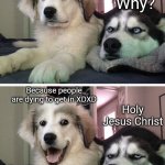 Dad Jokes :P | Why do cemeteries have fences; Why? Because people are dying to get in XDXD; Holy Jesus Christ | image tagged in bad pun dogs | made w/ Imgflip meme maker