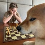 Man and dog playing chess