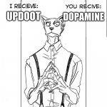[Clever Title that gets updoots] | DOPAMINE; UPDOOT; I LIKE THIS FORMAT BETTER THAN THE ORIGINALA; ALSO LEGOSHI IS HAWT UWU | image tagged in beastars trade offer | made w/ Imgflip meme maker