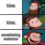 Going Through A Plan Portrayed by Curious George | no idea; idea; idea; considering outcome; considering outcome | image tagged in going through a plan portrayed by curious george,the process of a plan,oh yeah oh no | made w/ Imgflip meme maker