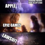 Apple and epic lawsuit | REMOVING FORTNITE FROM THE APP STORE; APPLE; EPIC GAMES; LAWSUIT | image tagged in thanos vs captain marvel | made w/ Imgflip meme maker