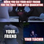 Toothless impressing Light fury | WHEN YOU SEE YOUR BEST FRIEND FOR THE FIRST TIME AFTER QUARENTINE; YOUR FRIEND; YOUR TEACHER | image tagged in toothless impressing light fury | made w/ Imgflip meme maker