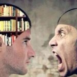 empty head idiot shouting at smart guy with books in head
