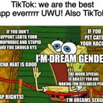 Tiktok in a nutshell | TikTok: we are the best app everrrrr UWU! Also TikTok:; IF YOU PET CATS YOUR RACIST; IF YOU DON’T SUPPORT LGBTQ YOUR HOMOPHOBIC AND STUPID AND YOU SHOULD KYS; I’M DREAM GENDER; GACHA HEAT IS GOOD; THE WORD SPECIAL IS ABILST! YOU ARE MAKING FUN DISLABLED PEOPLE; MAP RIGHTS! I’M DREAMS SEXUAL! | image tagged in yelling spongebob | made w/ Imgflip meme maker