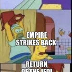 Star Wars original trilogy in a nutshell | A NEW HOPE; EMPIRE STRIKES BACK; RETURN OF THE JEDI | image tagged in homer revenge three panel,in a nutshell,star wars | made w/ Imgflip meme maker