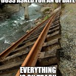 everything is on track | BOSS ASKED FOR AN UPDATE; EVERYTHING IS ON TRACK | image tagged in on track | made w/ Imgflip meme maker