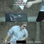 Well, my school is total trash | LITERALLY EVERYONE WHO ATTENDED FROM VCS | image tagged in know your place trash,memes | made w/ Imgflip meme maker