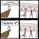 i dont use tiktok so idk | I started a challenge on TikTok; "delete it" | image tagged in cliff announcement reversed | made w/ Imgflip meme maker