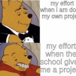 Me When I Am Doing This Me When I Am Doing That | my effort when i am doing my own project; my effort when the school gives me a project | image tagged in me when i am doing this me when i am doing that | made w/ Imgflip meme maker