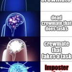 among us big brain | crewmate; dead crewmate that does tasks; crewmate that fakes a task; imposter that does a task | image tagged in among us big brain | made w/ Imgflip meme maker