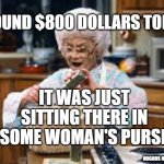 i found it | I FOUND $800 DOLLARS TODAY; IT WAS JUST SITTING THERE IN SOME WOMAN'S PURSE; NOGODS NOMASTERS | image tagged in sophia's food purse | made w/ Imgflip meme maker
